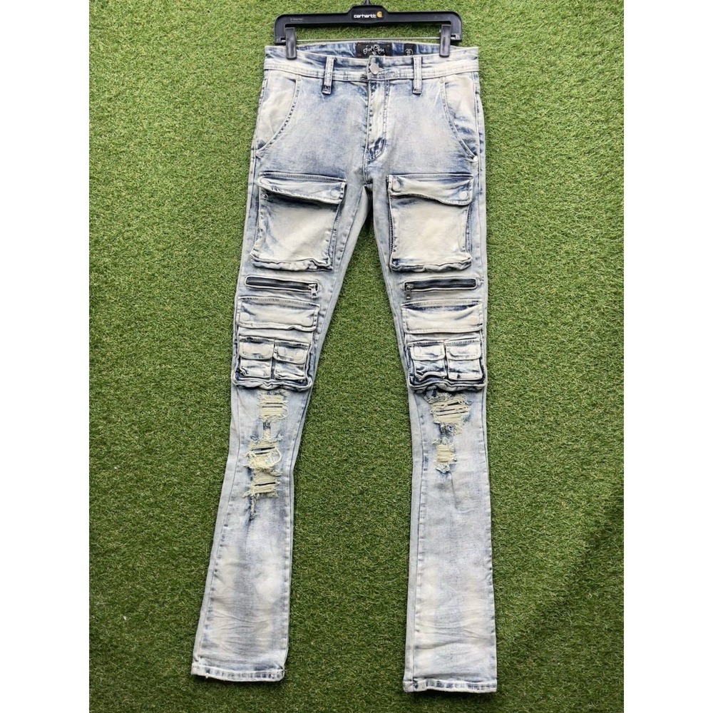 Frost Originals Distressed Jeans Mens 30x38 Moto Stacked Stretch Shredded Grunge